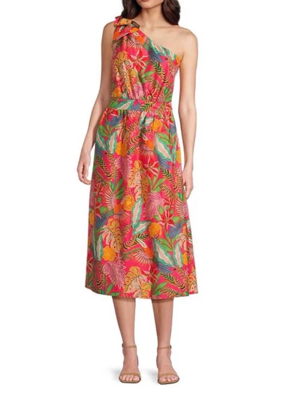 Gibson Latimer Floral Rose Multi One-Shoulder Midi Dress sz M